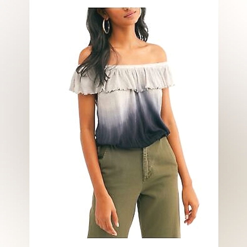 FREE PEOPLE Womens Gray Ombre Short Sleeve Off Shoulder Top